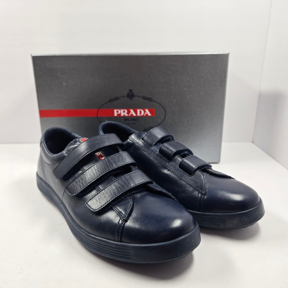 Prada Americas Cup Navy Blue Leather Triple Strap Sneakers 4P 2985 Mens Size 8UK